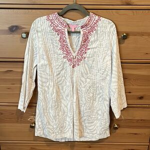 Lilly Pulitzer white tunic with pink and gold sequin v neck detail - 100% cotton